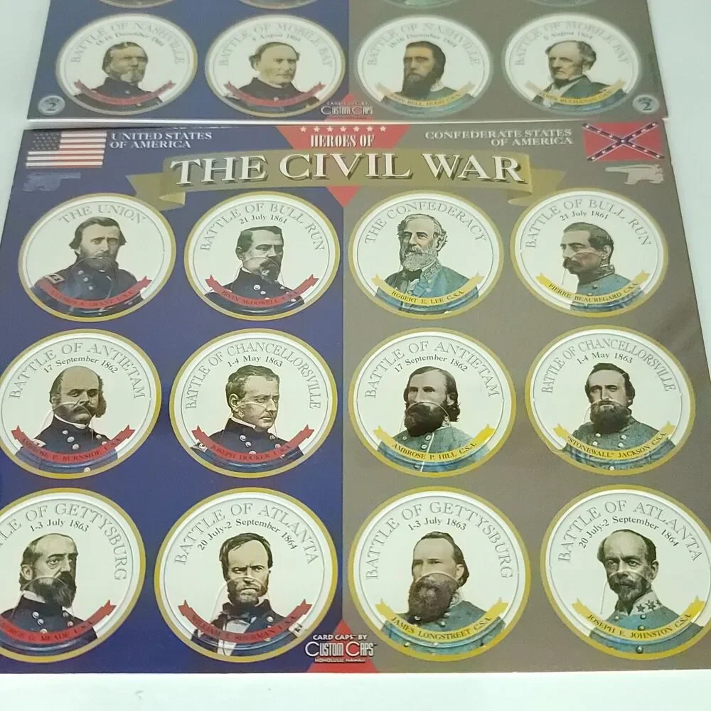 Pogs heroes of The Civil War Set 1 And 2 Custom Caps Sealed On Card NEW